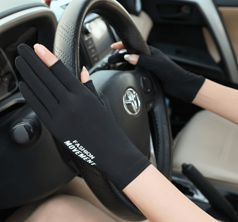 Driving with anti-UV thin gloves, black, open two fingers, female, in a car, style SF0858, breathable and anti-slip for cycling.